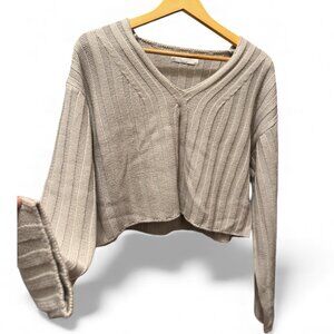 Oak + Fort Grey Cropped Ribbed V-Neck Sweater | Wide Sleeves | Size M | VGUC